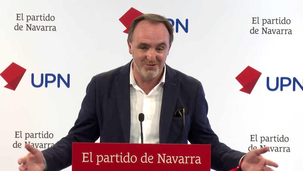 Javier Esparza, presidente de UPN y candidato a la Presidencia del Gobierno de Navarra en la rueda de prensa de este martes