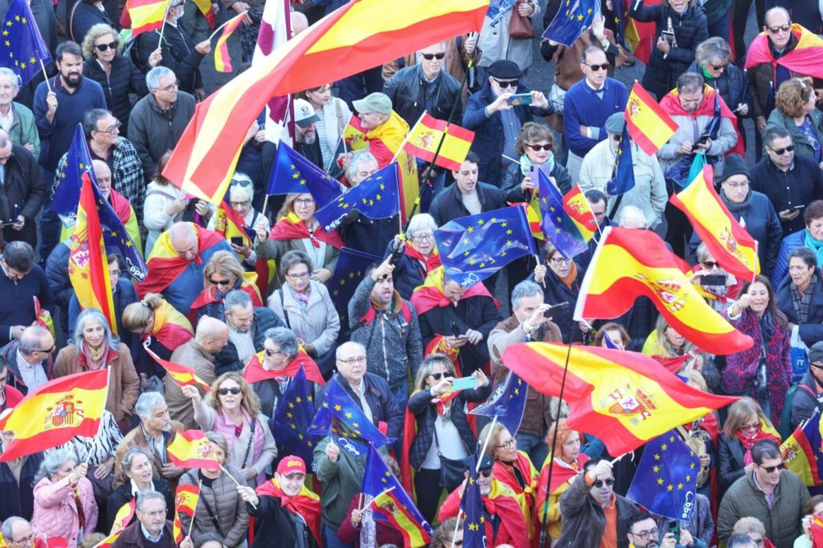 Decenas de personas durante una manifestación contra la amnistía, en Cibeles, a 18 de noviembre de 2023, en Madrid (España).   / RICARDO RUBIO   EUROPA PRESS