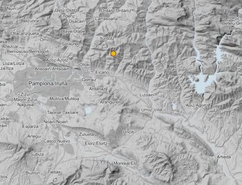 Registrado un movimiento sísmico de 2,4 grados con epicentro en el valle Egüés (círculo naranja)